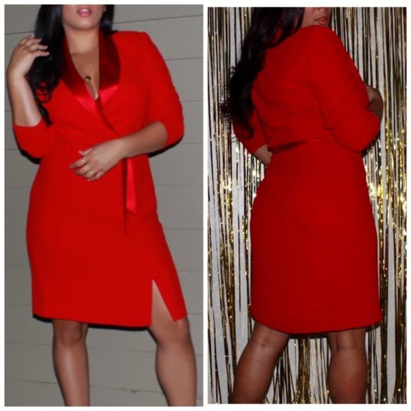JONES NEW YORK 12 RED WRAP DRESS w/ SATIN LAPELS - Picture 3 of 5
